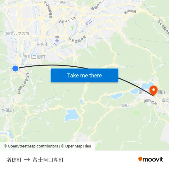 増穂町 to 富士河口湖町 map