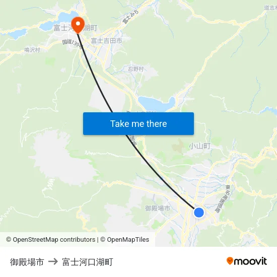 御殿場市 to 富士河口湖町 map