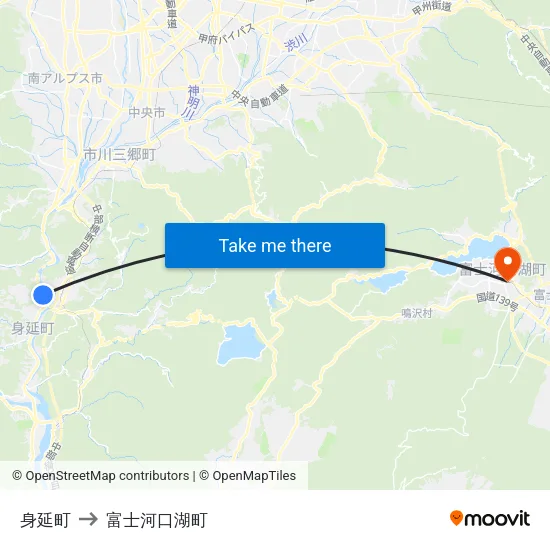 身延町 to 富士河口湖町 map