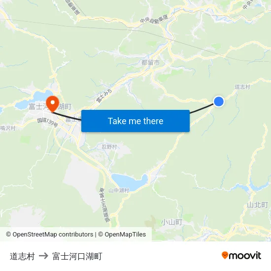道志村 to 富士河口湖町 map