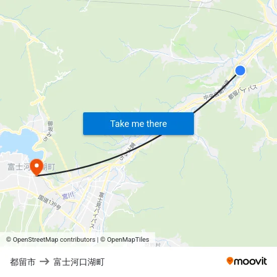 都留市 to 富士河口湖町 map