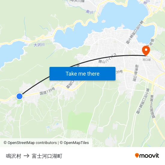 鳴沢村 to 富士河口湖町 map