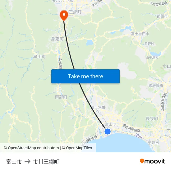 富士市 to 市川三郷町 map