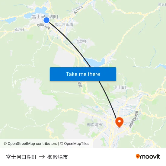 富士河口湖町 to 御殿場市 map