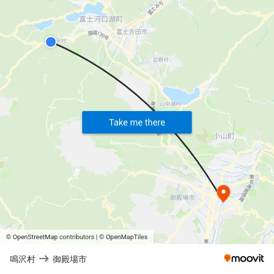 鳴沢村 to 御殿場市 map