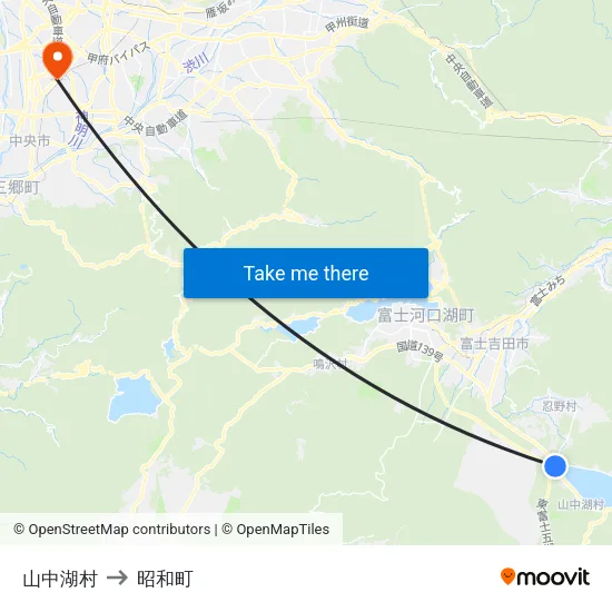 山中湖村 to 昭和町 map