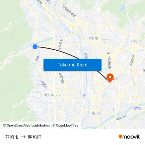 韮崎市 to 昭和町 map