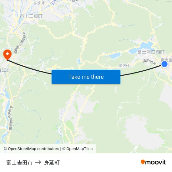 富士吉田市 to 身延町 map