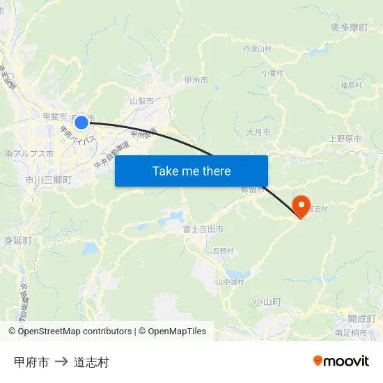 甲府市 to 道志村 map