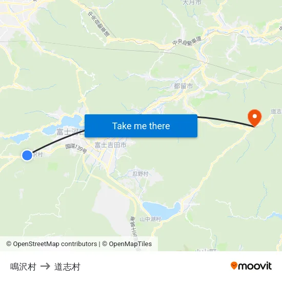 鳴沢村 to 道志村 map