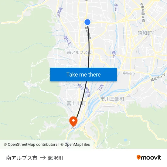 南アルプス市 to 鰍沢町 map