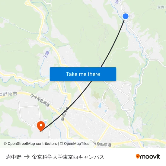 岩中野 to 帝京科学大学東京西キャンパス map