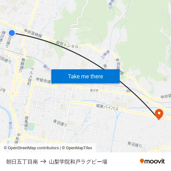 朝日五丁目南 to 山梨学院和戸ラグビー場 map