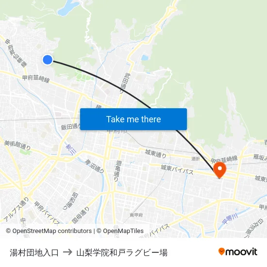 湯村団地入口 to 山梨学院和戸ラグビー場 map