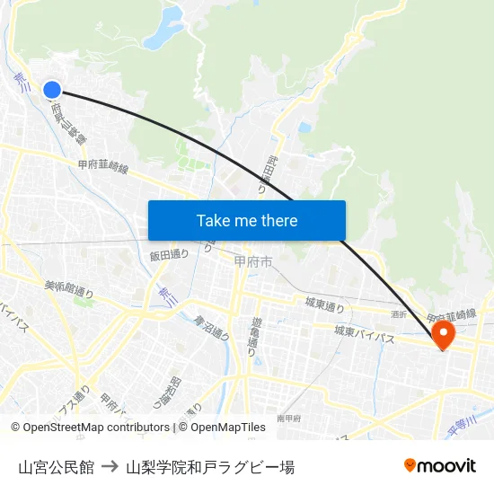 山宮公民館 to 山梨学院和戸ラグビー場 map