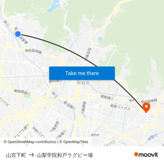 山宮下町 to 山梨学院和戸ラグビー場 map