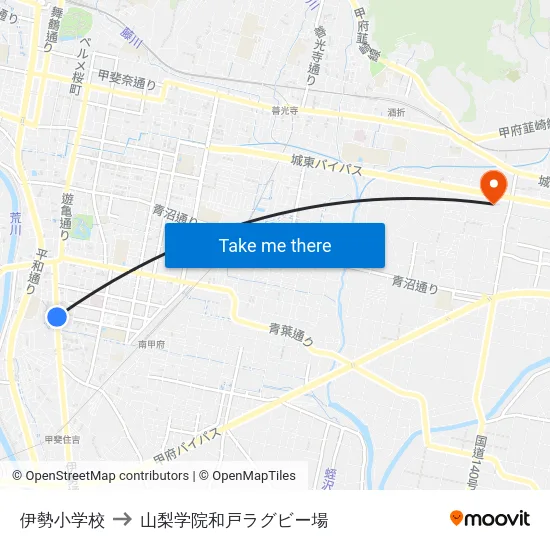 伊勢小学校 to 山梨学院和戸ラグビー場 map
