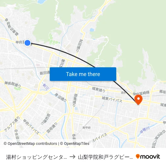 湯村ショッピングセンター to 山梨学院和戸ラグビー場 map