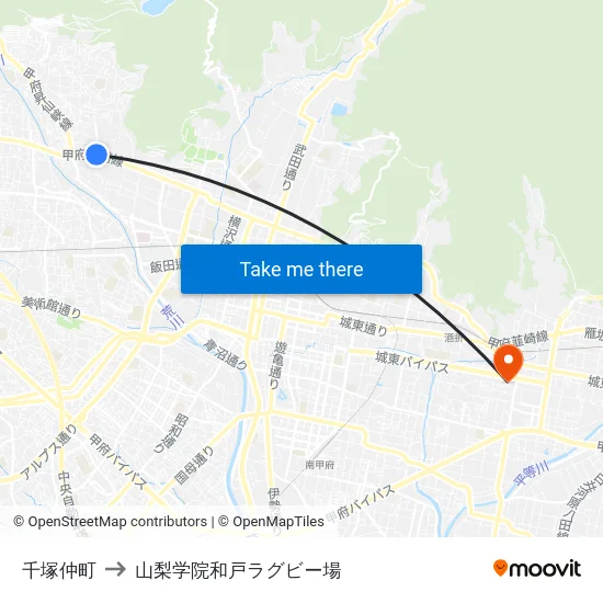 千塚仲町 to 山梨学院和戸ラグビー場 map