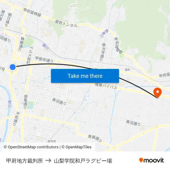 甲府地方裁判所 to 山梨学院和戸ラグビー場 map
