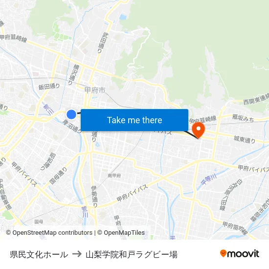 県民文化ホール to 山梨学院和戸ラグビー場 map