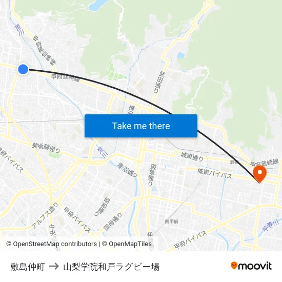 敷島仲町 to 山梨学院和戸ラグビー場 map