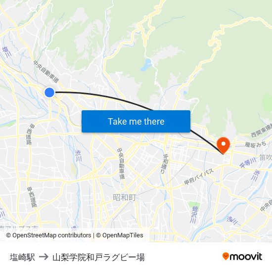 塩崎駅 to 山梨学院和戸ラグビー場 map