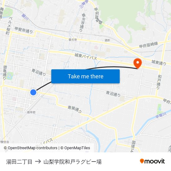 湯田二丁目 to 山梨学院和戸ラグビー場 map