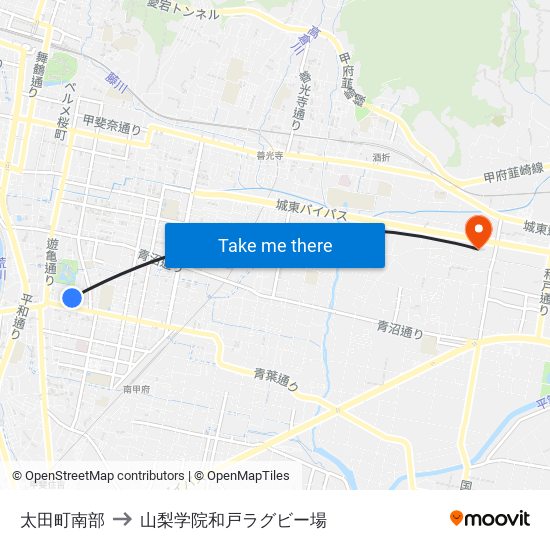 太田町南部 to 山梨学院和戸ラグビー場 map
