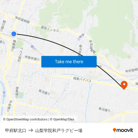 甲府駅北口 to 山梨学院和戸ラグビー場 map