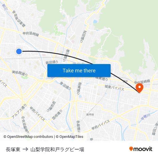 長塚東 to 山梨学院和戸ラグビー場 map