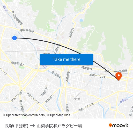長塚(甲斐市) to 山梨学院和戸ラグビー場 map