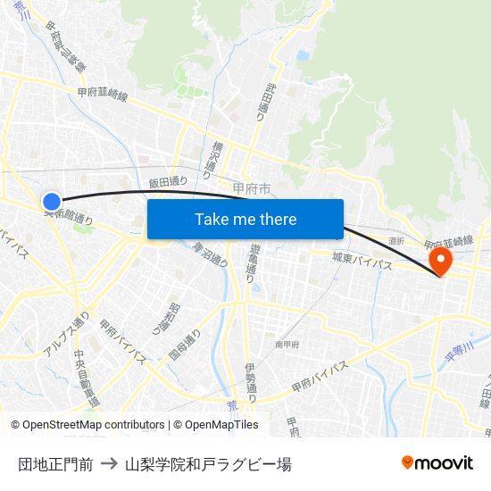 団地正門前 to 山梨学院和戸ラグビー場 map