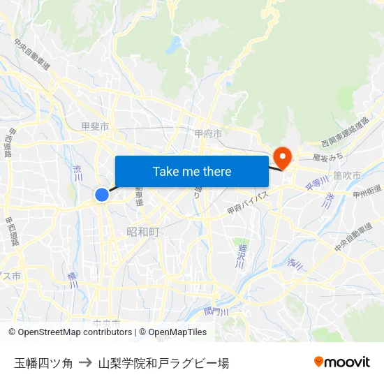 玉幡四ツ角 to 山梨学院和戸ラグビー場 map