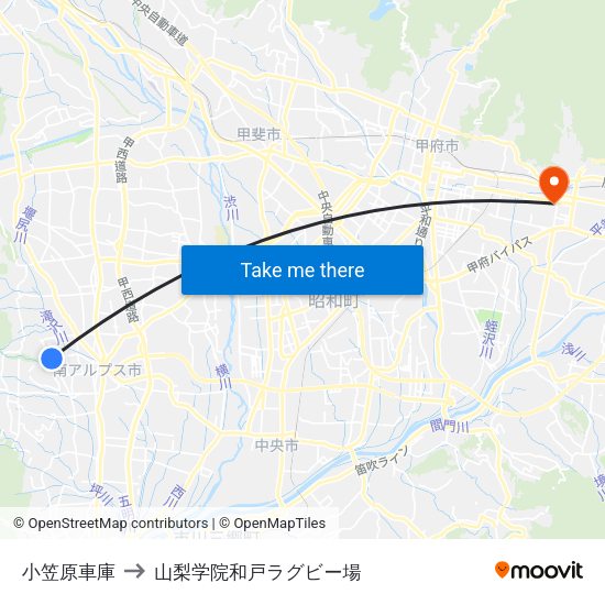 小笠原車庫 to 山梨学院和戸ラグビー場 map