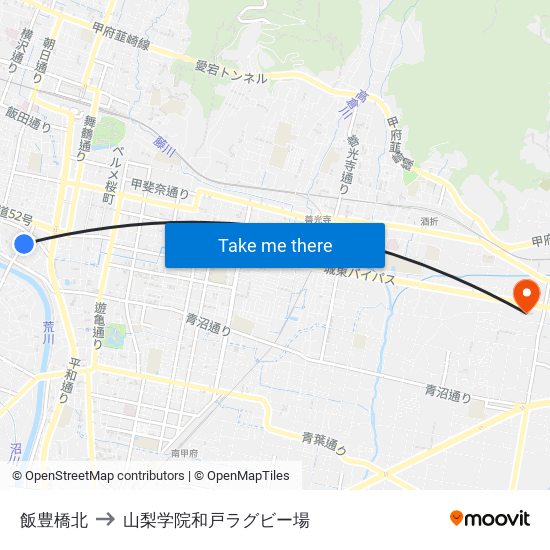 飯豊橋北 to 山梨学院和戸ラグビー場 map