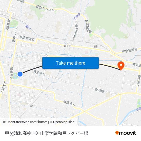 甲斐清和高校 to 山梨学院和戸ラグビー場 map