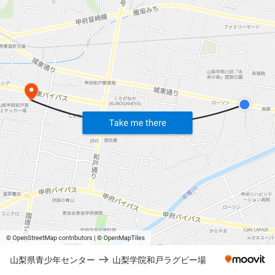 山梨県青少年センター to 山梨学院和戸ラグビー場 map