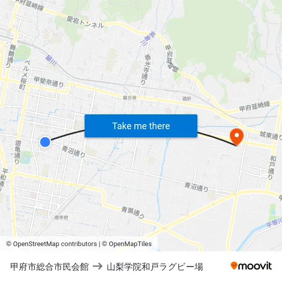 甲府市総合市民会館 to 山梨学院和戸ラグビー場 map