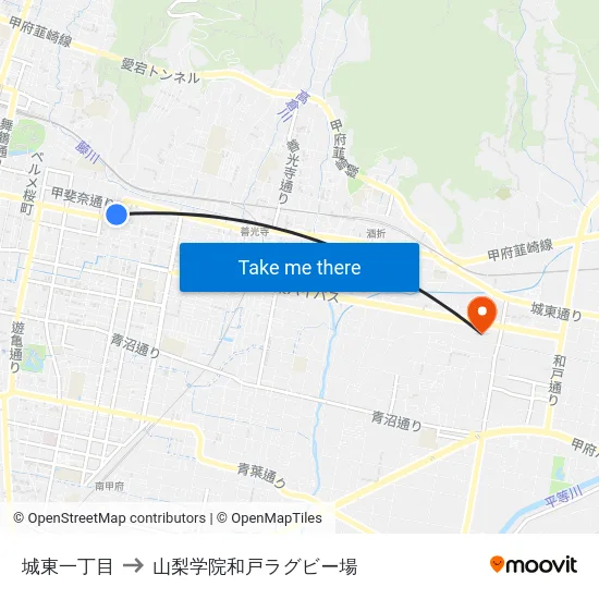 城東一丁目 to 山梨学院和戸ラグビー場 map