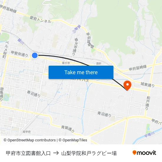 甲府市立図書館入口 to 山梨学院和戸ラグビー場 map