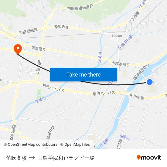 笛吹高校 to 山梨学院和戸ラグビー場 map