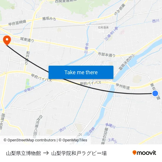 山梨県立博物館 to 山梨学院和戸ラグビー場 map