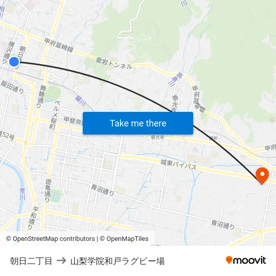 朝日二丁目 to 山梨学院和戸ラグビー場 map