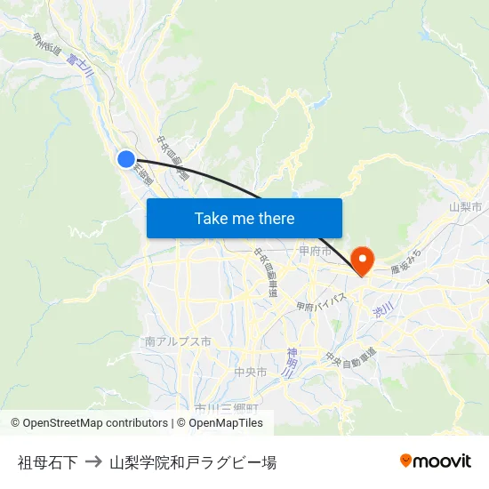 祖母石下 to 山梨学院和戸ラグビー場 map