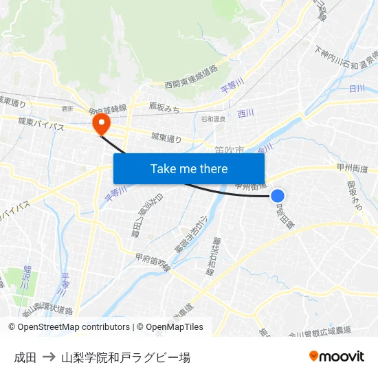成田 to 山梨学院和戸ラグビー場 map