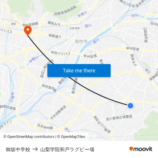 御坂中学校 to 山梨学院和戸ラグビー場 map