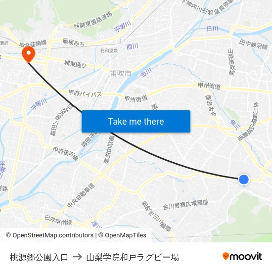桃源郷公園入口 to 山梨学院和戸ラグビー場 map