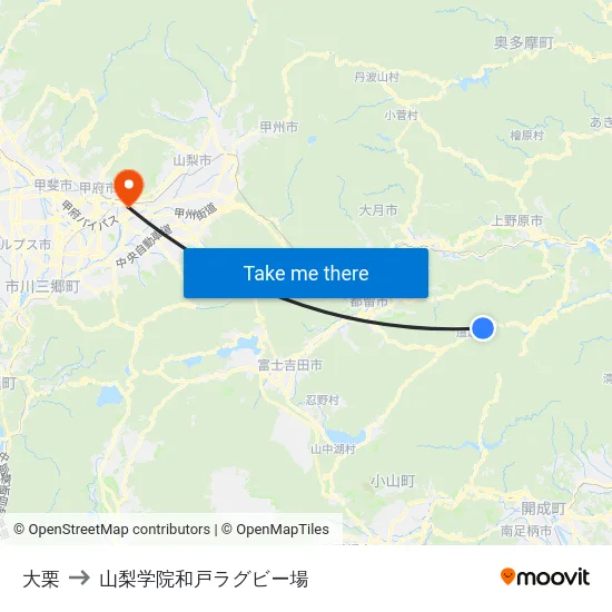大栗 to 山梨学院和戸ラグビー場 map