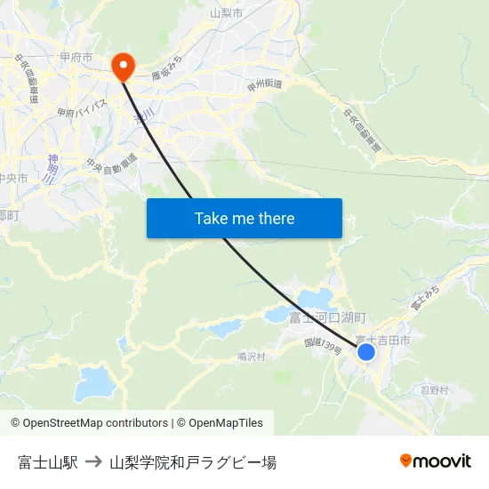 富士山駅 to 山梨学院和戸ラグビー場 map